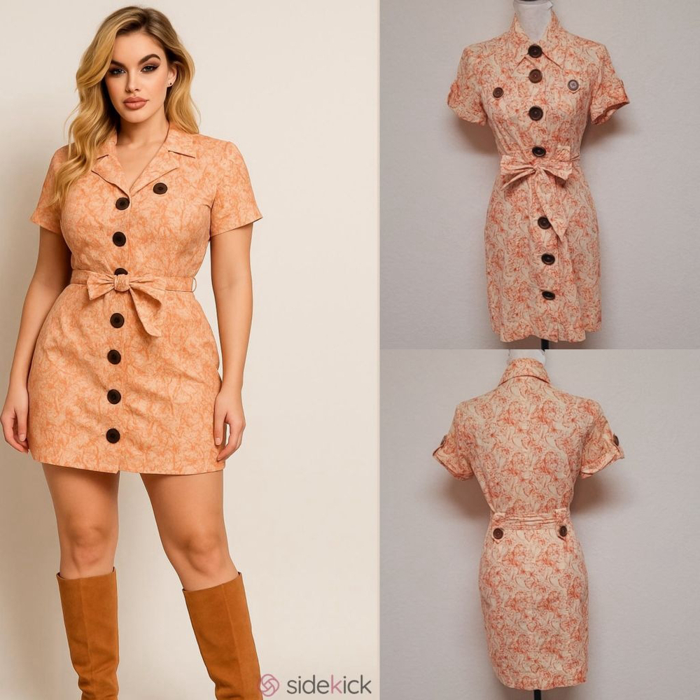 Kenzie Orange Red Floral Cotton Dagger Collar Belted Tie-Waist Mini Day Dress 6